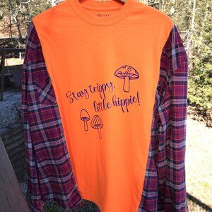 Reworked Flannel Tee, Plus Size: Upcycled Oversized Hippie Shirt, Mushrooms